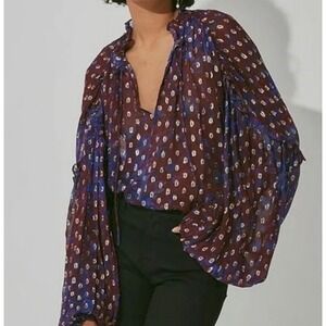 NEW Cleobella X Evereve Dara Blouse Size Small Confetti Print Sheer Metallic